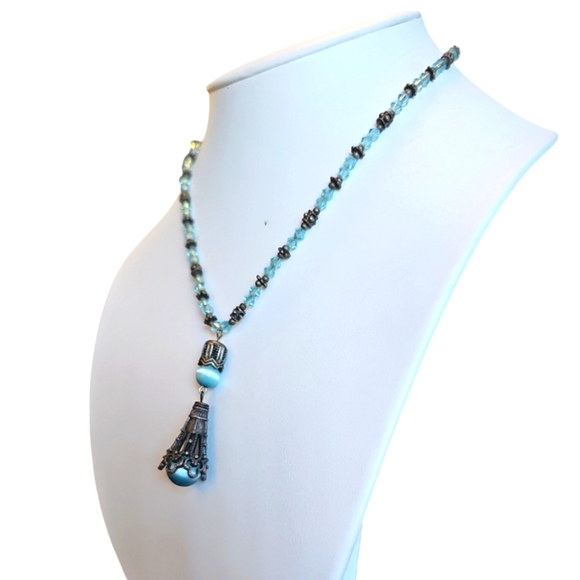 Vintage Aquamarine & Dragon Vein Agate Handcrafted Design Pendant Necklace. - Picture 3 of 7